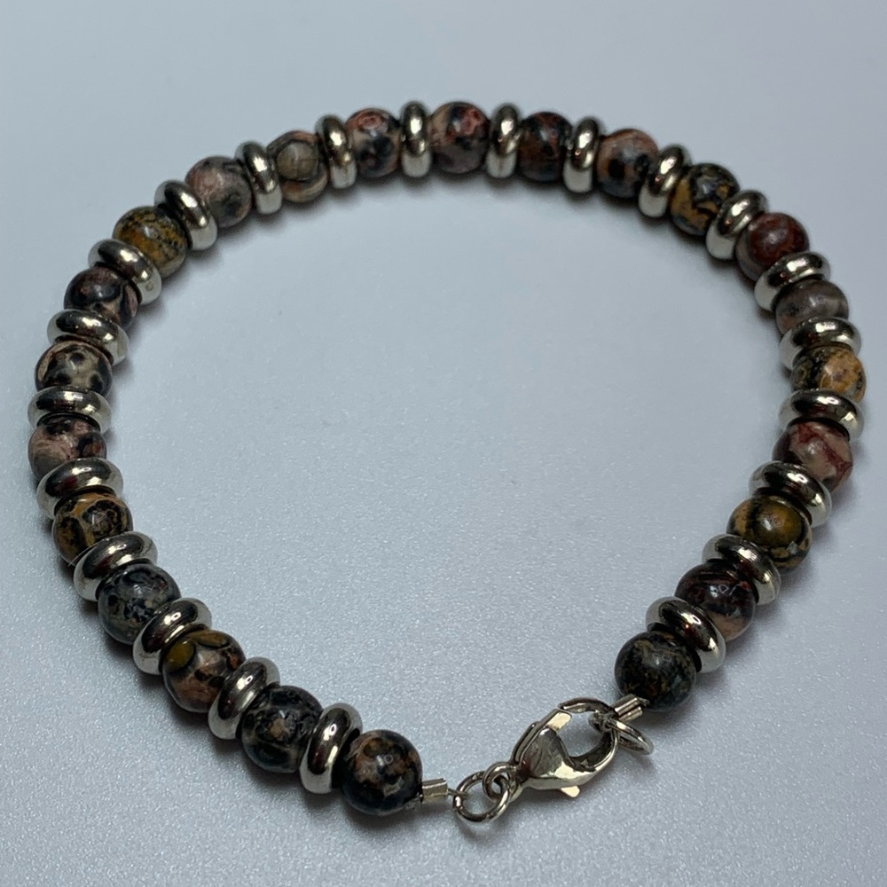 Vintage Sterling Silver & Leopard Jasper 6MM Beaded Bracelet 7-1/2” Long - Picture 9 of 16